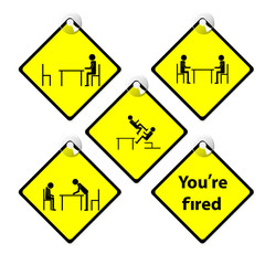 set of yellow tag You are fired story boss complain employee