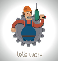 Vector strong worker with a drill, label. Cartoon image of a label in the form of gear with strong worker in blue overalls and an orange helmet with a drill in his hand on a light gray background.