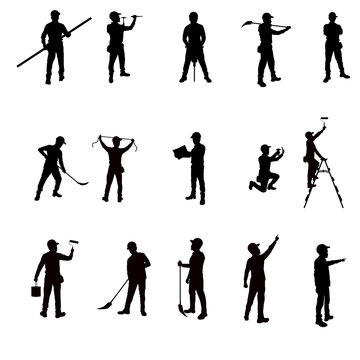 Silhouette workers and tools isolated background