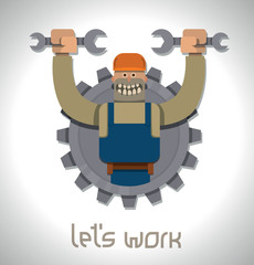 Vector strong worker with spanners, label. Cartoon image of a label in the form of gear with strong worker in blue overalls and an orange helmet with spanners in his hands on a light gray background. 