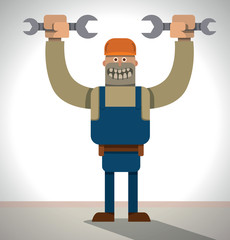 Vector strong worker with spanners. Cartoon image of a strong worker in blue overalls and an orange helmet with spanners in his hands on a light gray background.