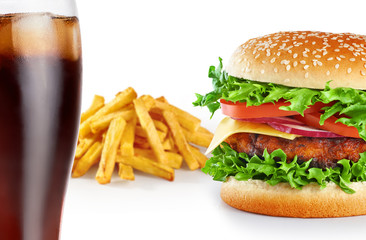 Hamburger with fries and cola isolated on white background.
