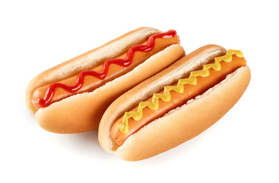 Hot dogs with ketchup and mustard isolated on white background.