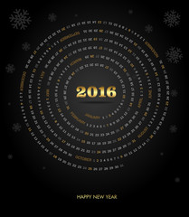 Round calendar for 2016 year. Week Starts Sunday.