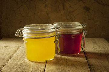 Still life of jars of honey, propolis and pollen