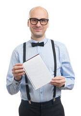 Handsome guy showing blank notepad