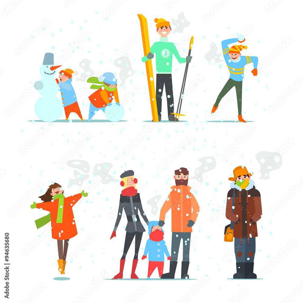 Poster People in Winter and Activities. Vector Illustration. 