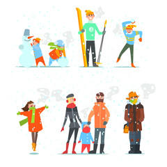 Naklejka premium People in Winter and Activities. Vector Illustration. 