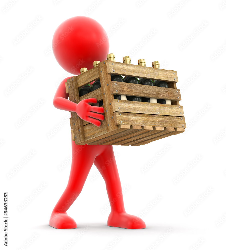 Poster wooden box with wine bottles and man. image with clipping path