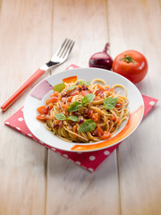 spaghetti with fresh tomato red onion and hot chili pepper, sele