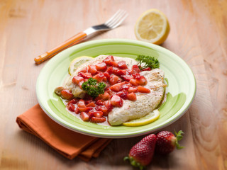 escalope with strawberries, selective focus