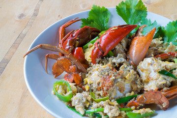 Crab fried egg, chicken.