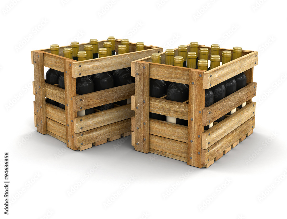 Poster wooden boxes with wine bottles. image with clipping path