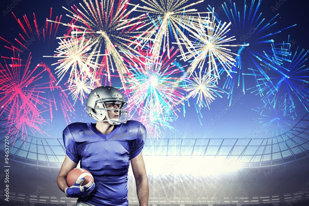 Poster Composite image of american football player against fireworks