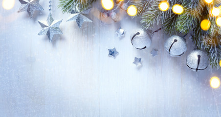 art Christmas background with a silver ornament, christmas stars