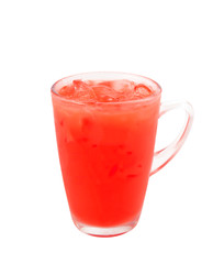 Glass of cold roselle juice with ice isolate on white
