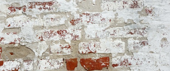 Texture Of Old Whitewashed Grungy Brick Wall With Peeling Plaste