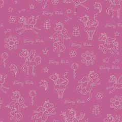 Pattern with hand drawn pegasus on pink color