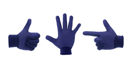 Hand glove shows signal symbol. Isolated on a white background