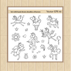 Vector set with hand drawn doodles of horses