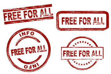 Set of stylized stamps showing the term free for all. All on white background.