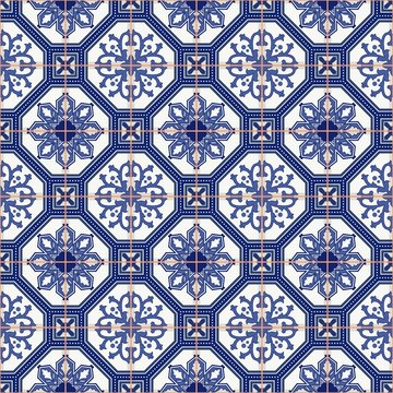 Seamless  pattern  white Moroccan, Portuguese  tiles, Azulejo, ornaments. 
