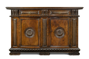 Old original Italian vintage wooden carved sideboard buffet cabinet