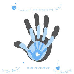 Fototapeta premium Hand print with family, baby boy, mother and father vector background