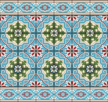 Seamless  pattern from tiles and border. Moroccan, Portuguese, Azulejo ornaments. 