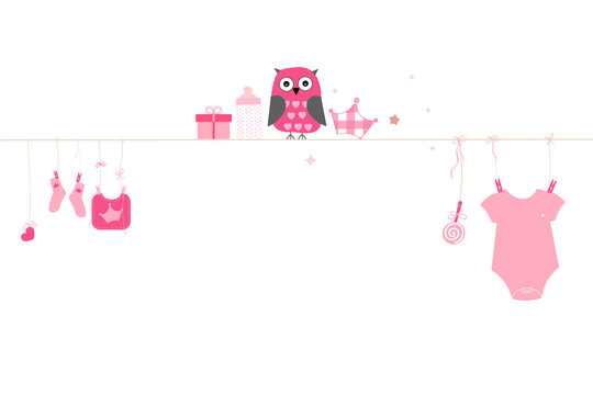 Newborn baby girl symbols with owl. Baby arrival greeting card vector