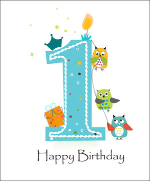 Happy first birthday with owls baby boy greeting card vector