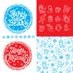 Cartoon vector Xmas kit. Seamless pattern, snowflakes, Christmas icons, lettering Merry Christmas. Perfect for design postcard, poster, banner, print, greeting card and invitation.