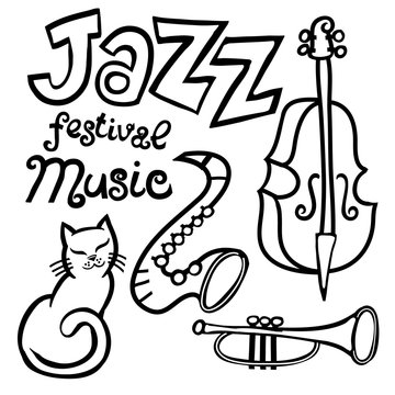Cartoon Jazz music festival element set. Lettering. Cat, saxophone, contrabass, trumpet. For design poster and print.