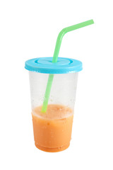 Iced coffee with straw half a plastic cup isolated on white back