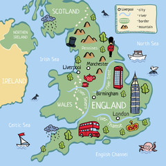 Cartoon map of United Kingdom for kids.