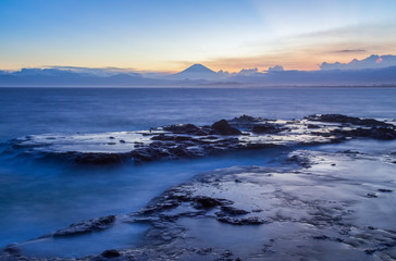 Japan seacape coastline and Mt. Fuji in beautiful sunset