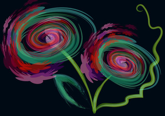 Unusual flowers are painted using self-made brushes.