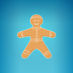 Christmas Gingerbread Man Decorated White Icing and Cream, Cookie Gingerbread Man on a Blue Background , Happy New Year Festive Biscuit Man, Christmas Decoration, Vector Illustration