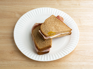 Ham and cheese sandwich on a white paper plate