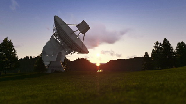 Satellite Antenna on Green Meadow, timelapse sunrise to afternoon