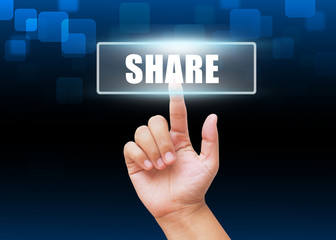 Hand pressing Share button with technology background 