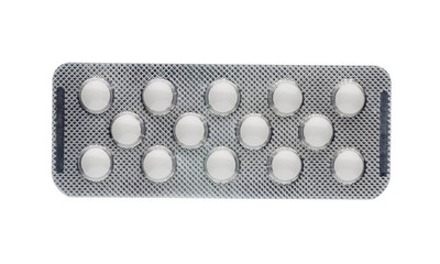 White tablet in medication blister pack