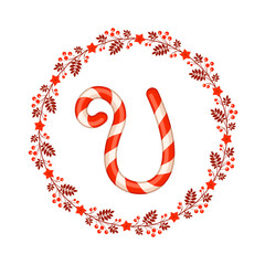 V letter christmas candy with wreath