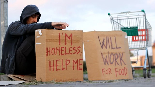 homeless man no job no food no money 