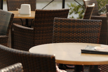Café Interior with cane seat or rattan chairs