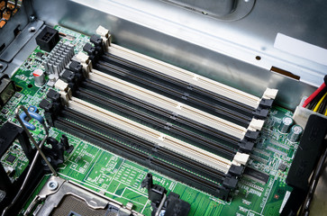 Memory DDR3 on mother board slot computer server close up
