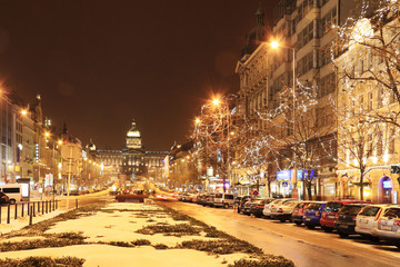 Fototapeta na wymiar Snowy Wenceslas Square in the night, Prague, Czech Republic