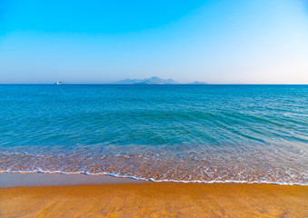 the beautiful long sandy beach at Chelona cape near Kardamaina village at Kos island in Greece