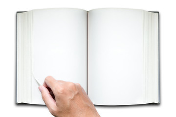 Hand hold open the book on white background