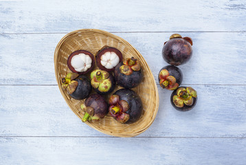 Fresh Mangosteen in bamboo basket 